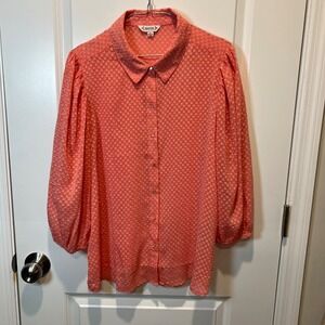 Nanette Lepore Coral Textured Button Up Blouse Shirt XL Puff Sleeve